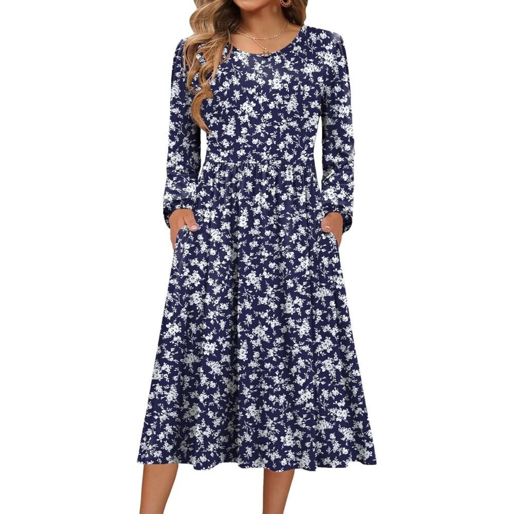 Zeagoo Women Blue Sprigs Long Sleeve Flowy A-Line Boho Long Dress with Pockets